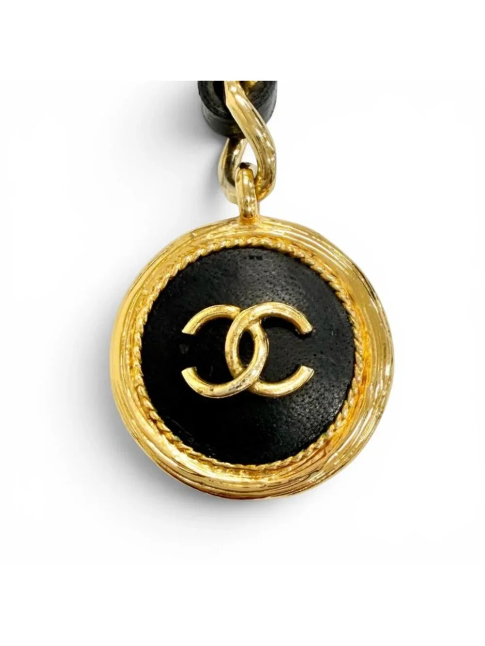 Chanel Vintage CC Logo Clover Leather Chain Belt Gold Black Recommended